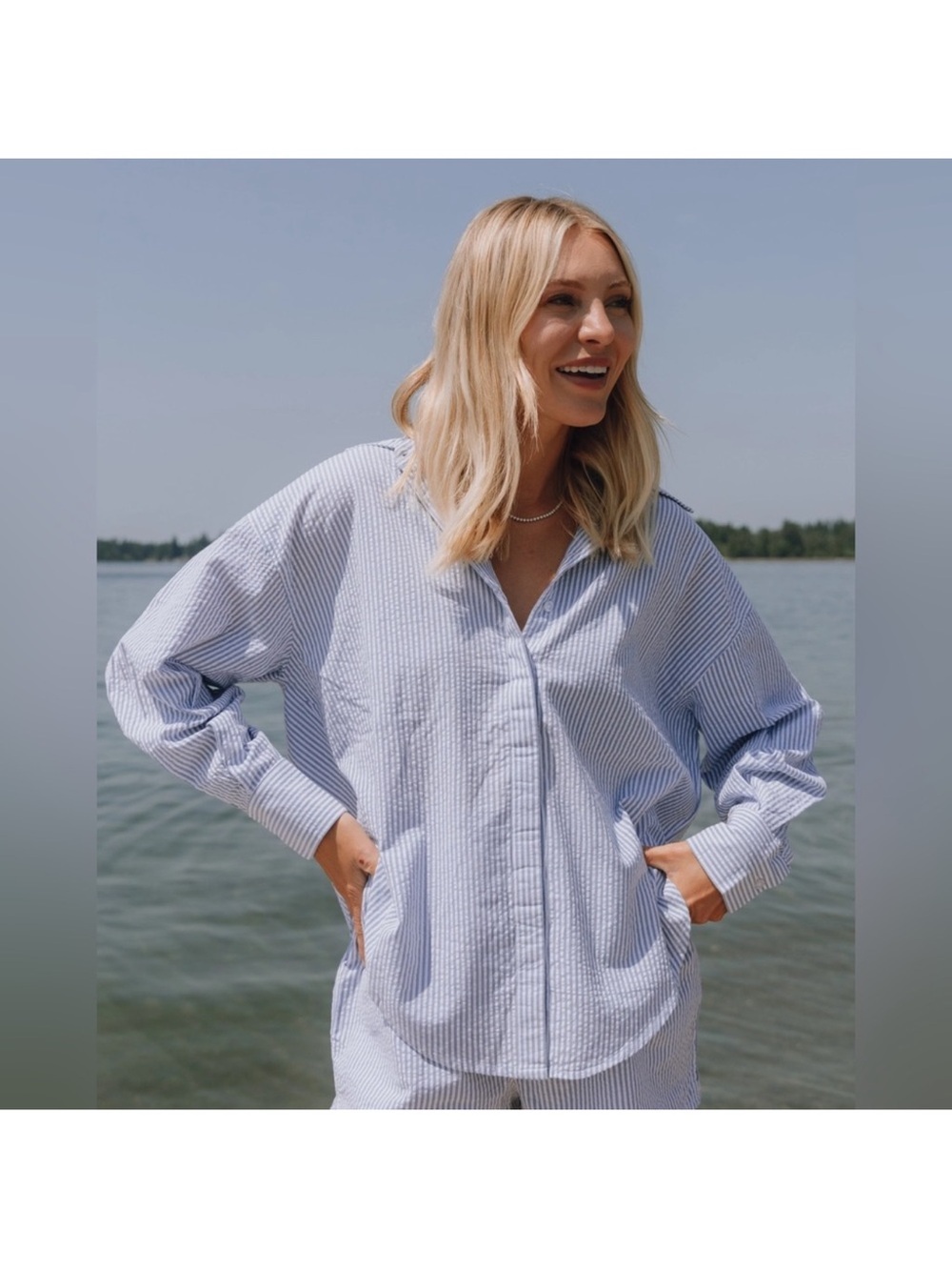 Daily Drills Light Blue/ White Stripe Seersucker Oversized Button-Up Shirt XS/S